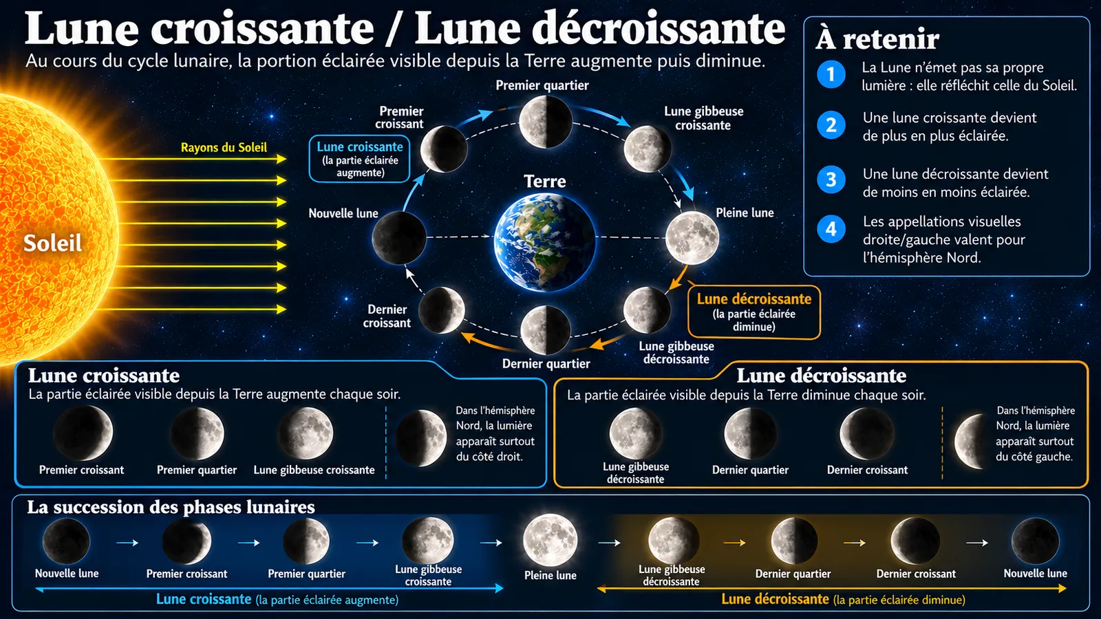 Lune croissante et lune décroissante : croissant et gibbeuse croissante du côté qui grandit, gibbeuse et croissant décroissant du côté qui diminue