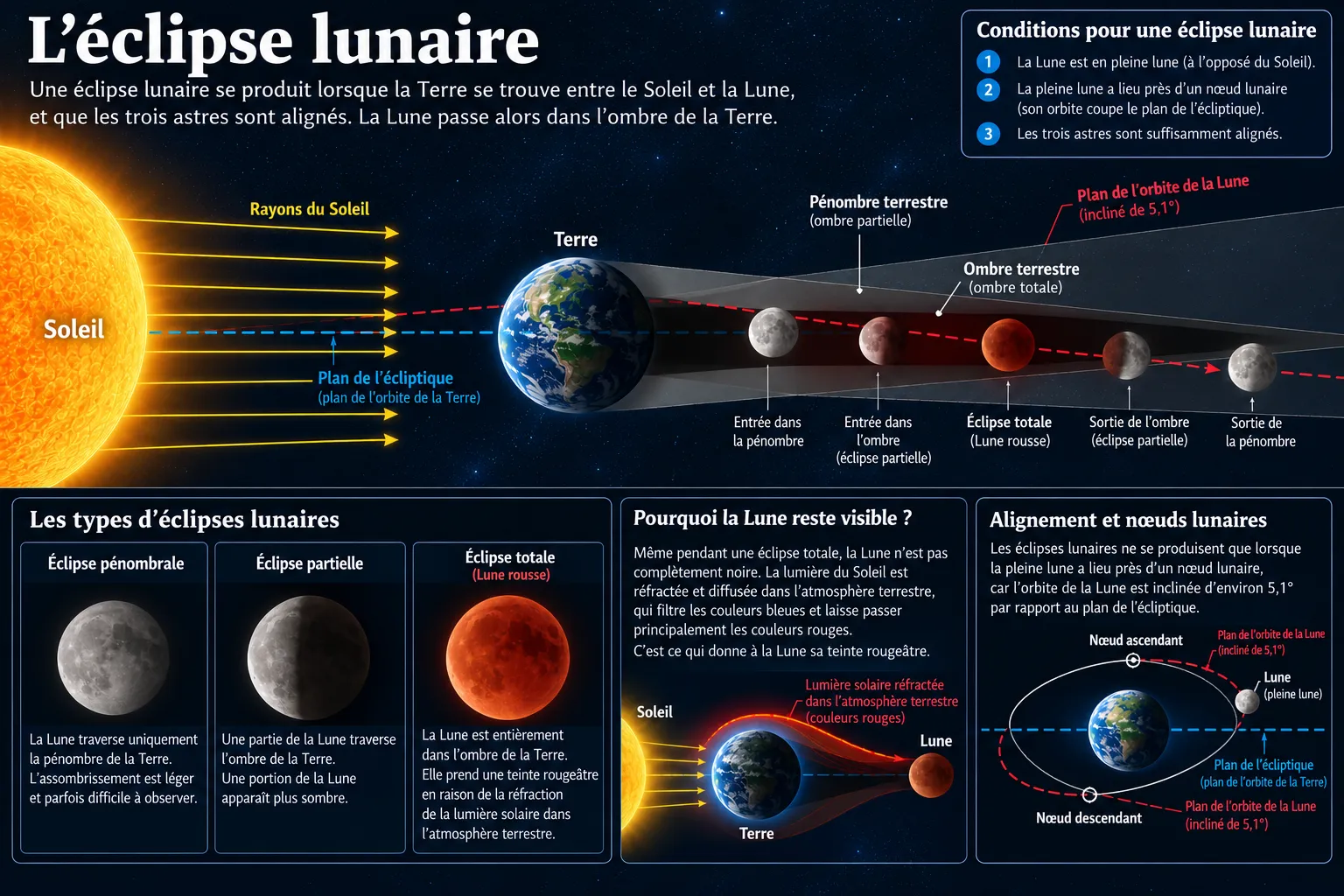 Éclipse lunaire : la pleine lune traverse l'ombre de la Terre pendant un alignement, sans éclipse si l'orbite est inclinée de 5,1°
