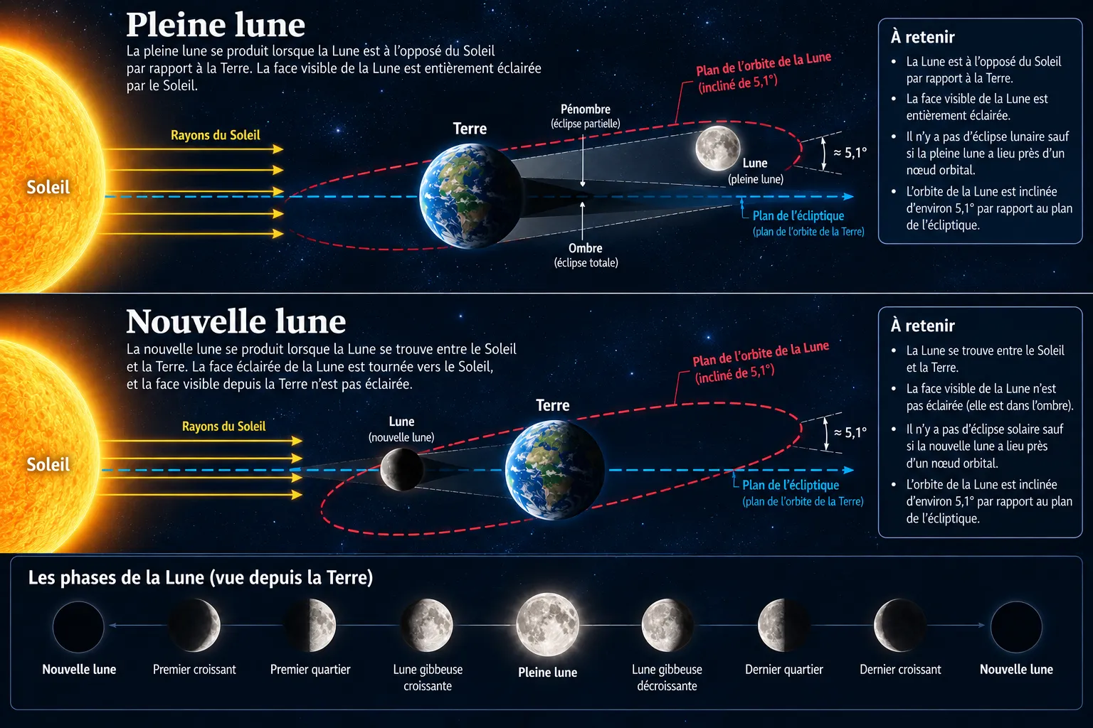 Pleine lune et nouvelle lune : la première est à l'opposé du Soleil, la seconde entre le Soleil et la Terre