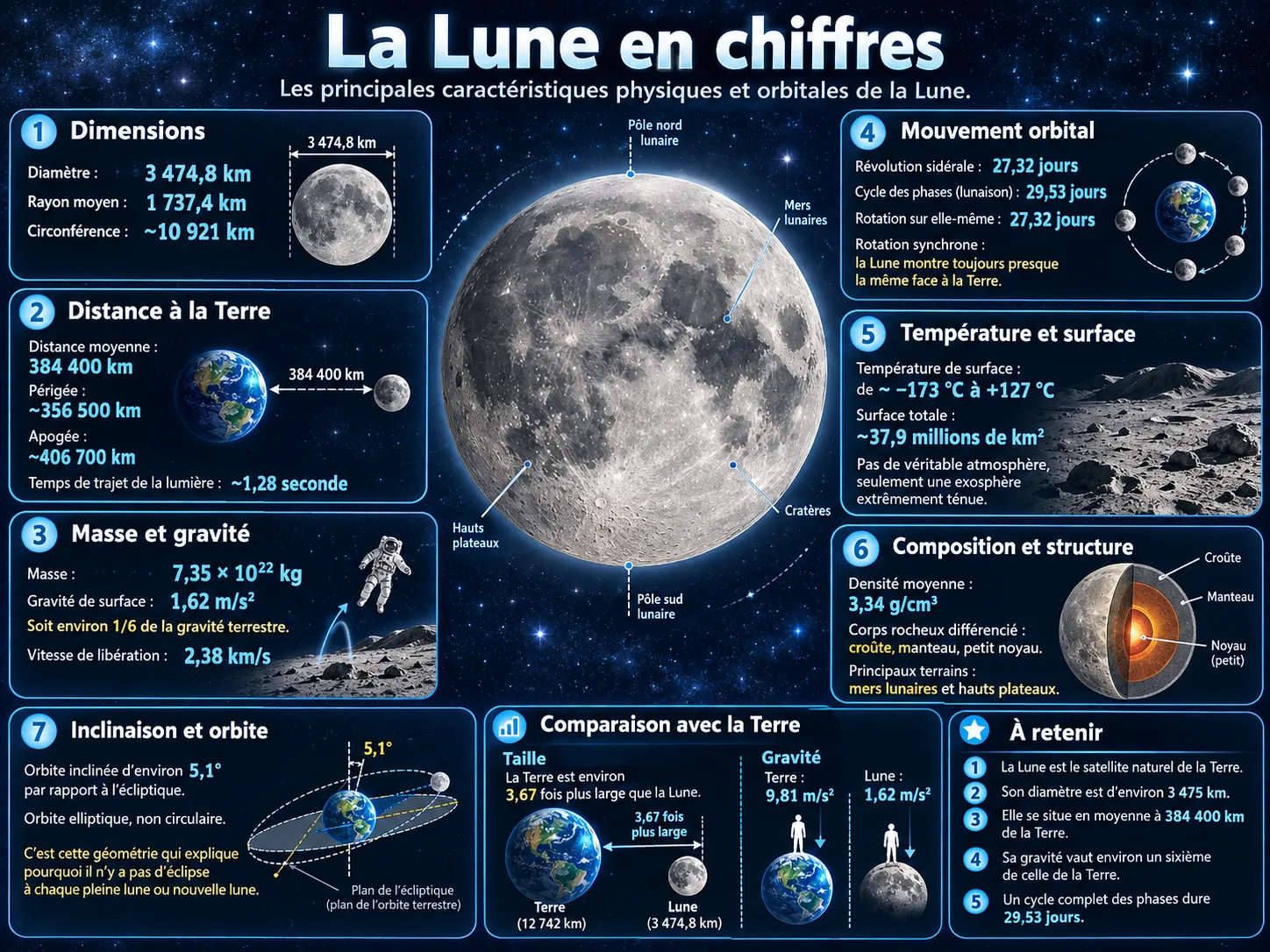 La Lune en chiffres clés : diamètre 3 474 km, distance moyenne 384 400 km, gravité 1/6 de la Terre, rotation 27,3 jours