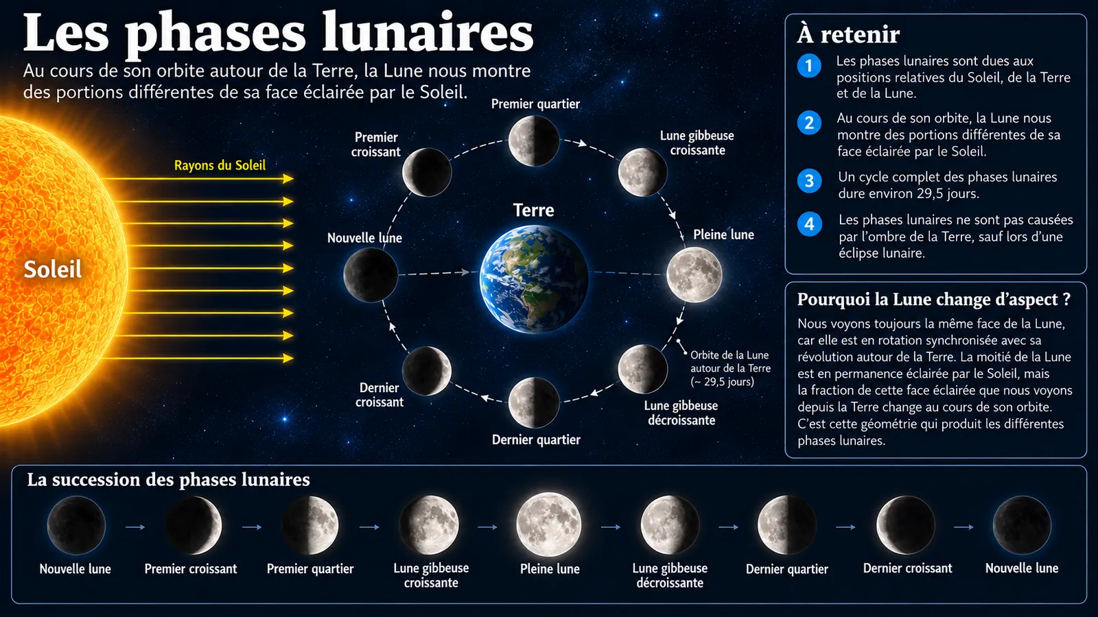 Les 8 phases lunaires autour de la Terre : la portion éclairée visible change au cours de l'orbite, du noir de la nouvelle lune au disque plein de la pleine lune