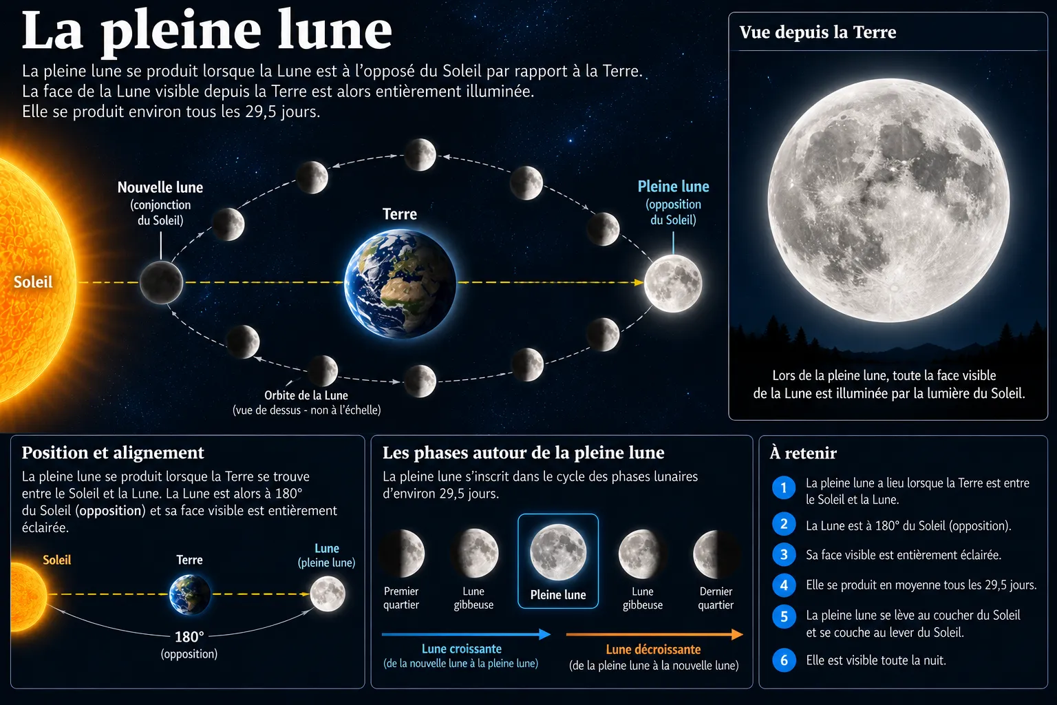 Pleine lune : la Terre entre le Soleil et la Lune, la face visible entièrement éclairée par les rayons du Soleil