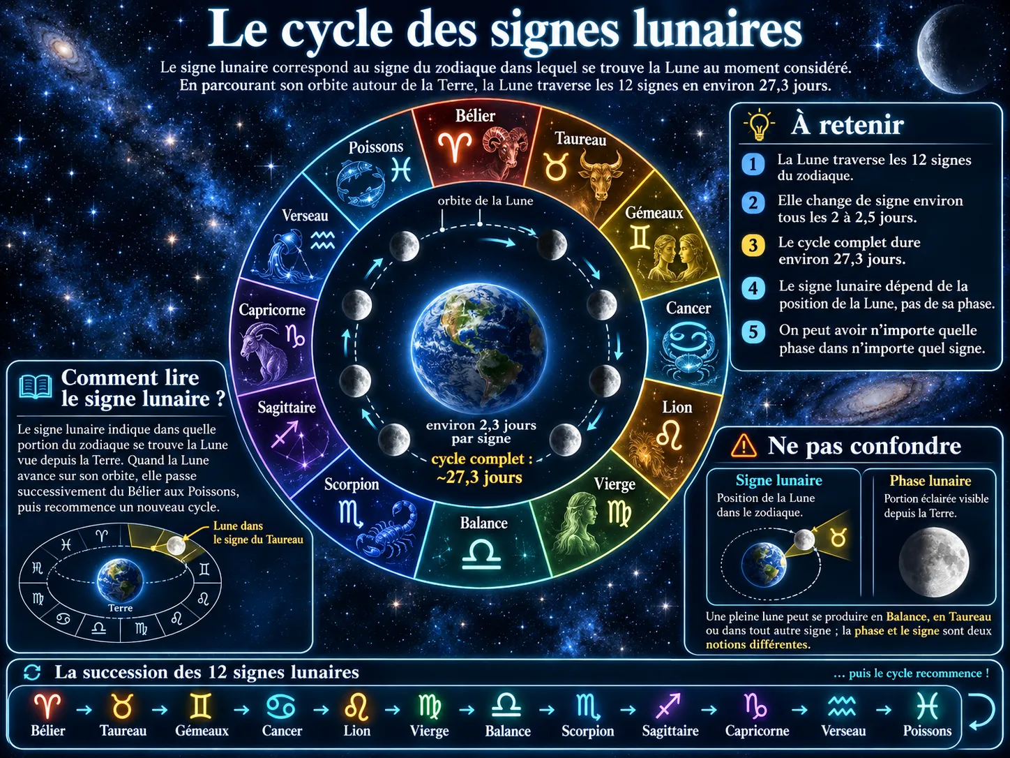 Le cycle des 12 signes lunaires : la Lune traverse Bélier, Taureau, Gémeaux, Cancer, Lion, Vierge, Balance, Scorpion, Sagittaire, Capricorne, Verseau, Poissons en environ 27,3 jours
